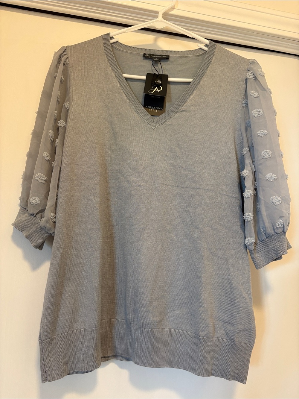 Adrianna Papell Light Blue V-Neck Sweater with Sheer Puff Dot Sleeves